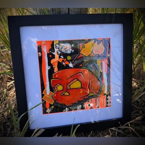 Original Art - Pumpkin Boo - Graffiti Style Skull Art on Canvas Board Framed - Picture 2 of 4